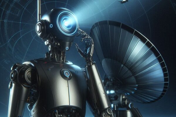 Robot de IA escaneando el cielo en busca de señales UAP y posibles criptoterrestres