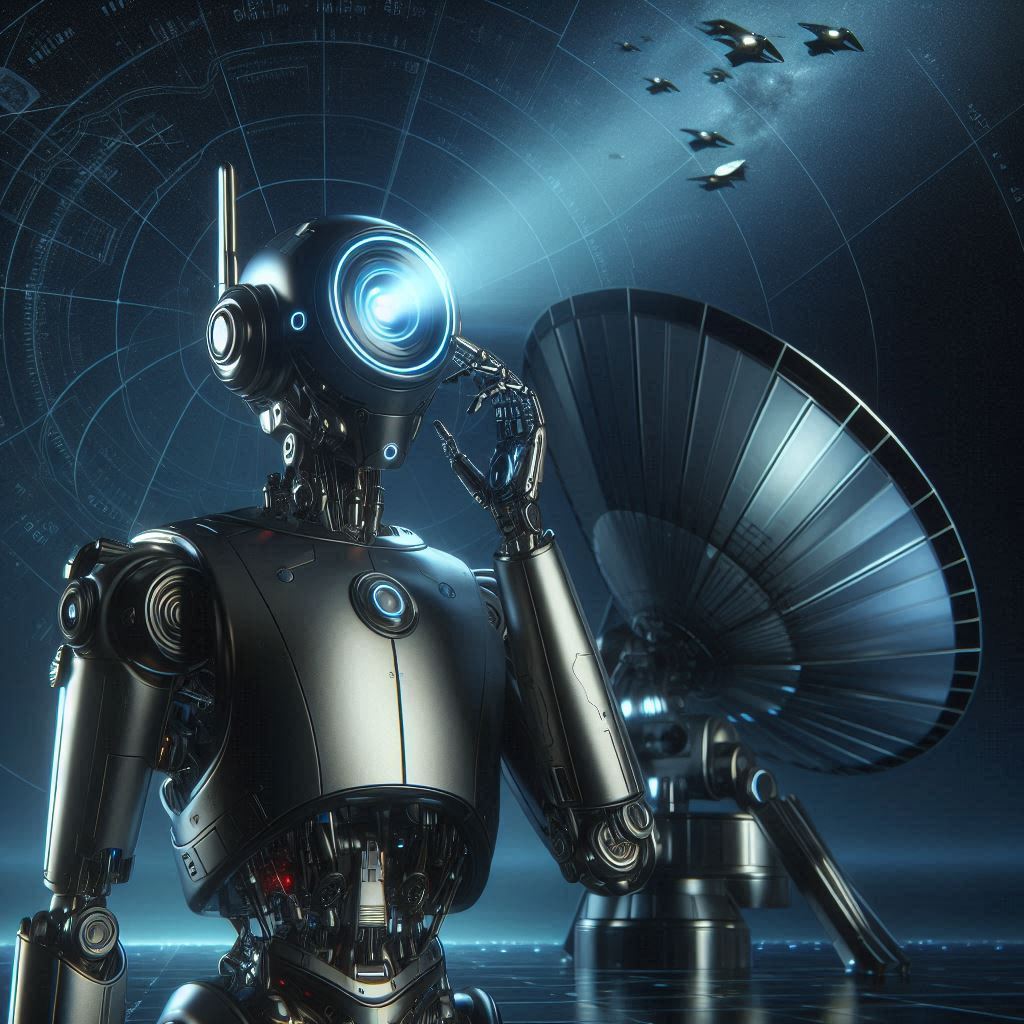 Robot de IA escaneando el cielo en busca de señales UAP y posibles criptoterrestres